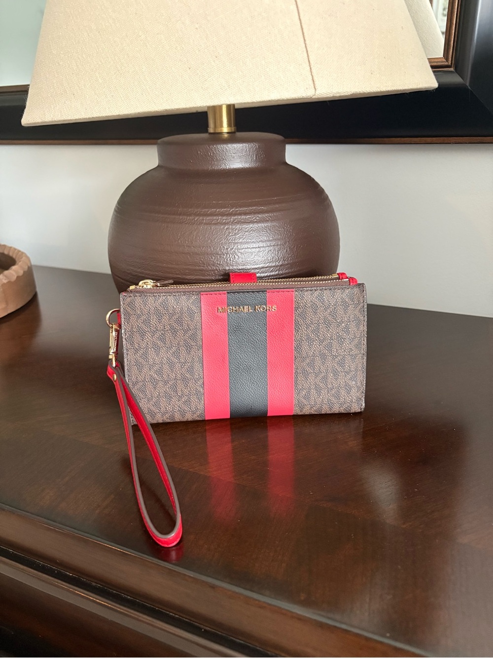 Michael Kors Brown Monogram Bright Red Stripe Logo Double Zip Wristlet